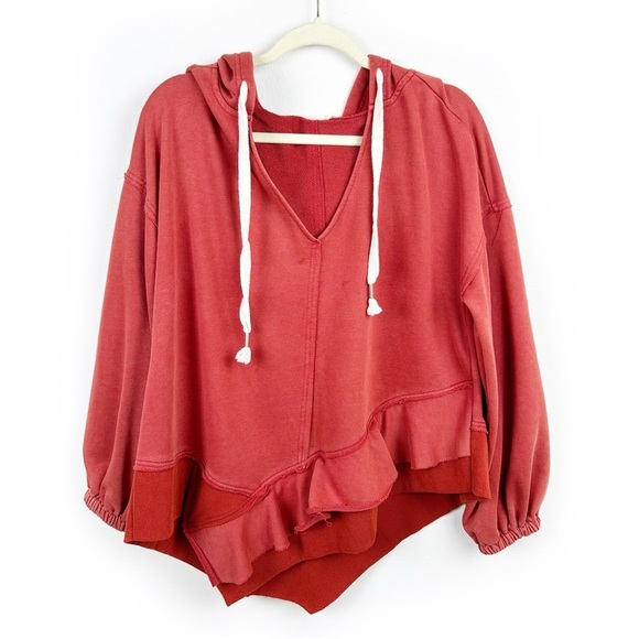 POL Burnt Orange oversized asymmetrical ruffled hem hoodie size: S - Picture 2 of 15